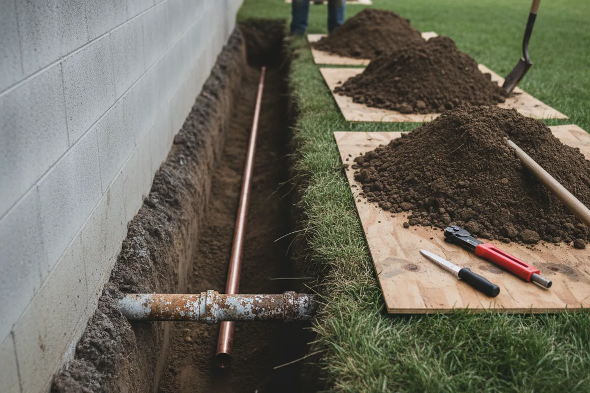 Excavated water line trench during Sewer Line Repair in Grayland